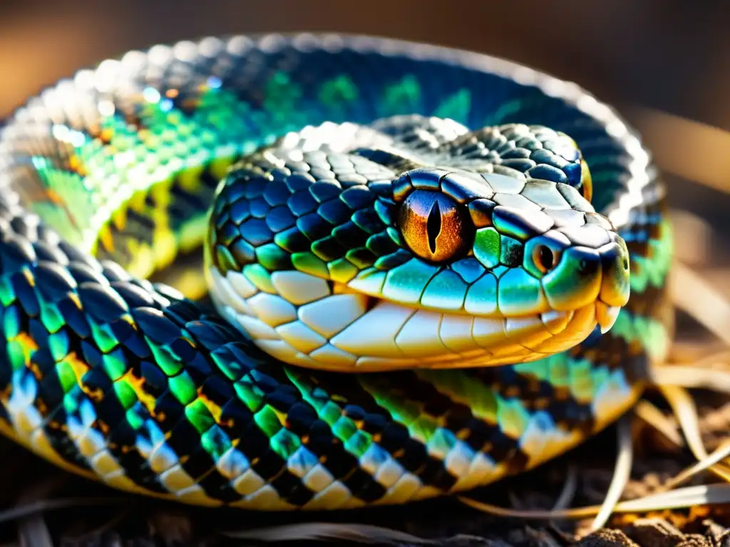 Diferencias entre reptiles venenosos: Detalle de colmillos de serpiente, con textura de escamas y mirada intensa, en un entorno natural