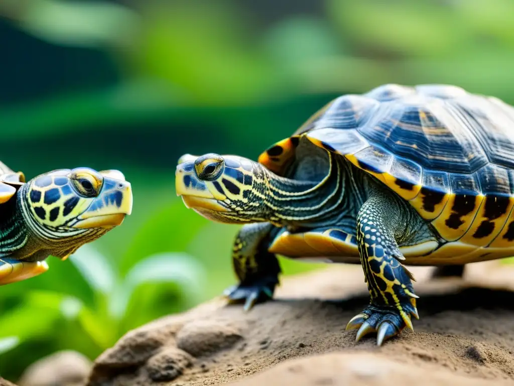 Diferencias entre tortugas acuáticas y terrestres: Detalles de dos especies en su hábitat natural, mostrando su entorno y características físicas