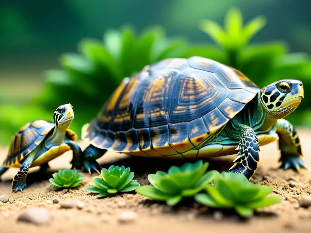 Diferencias entre tortugas acuáticas y terrestres: Detalle de tortugas en hábitats contrastantes, mostrando sus características físicas y preferencias