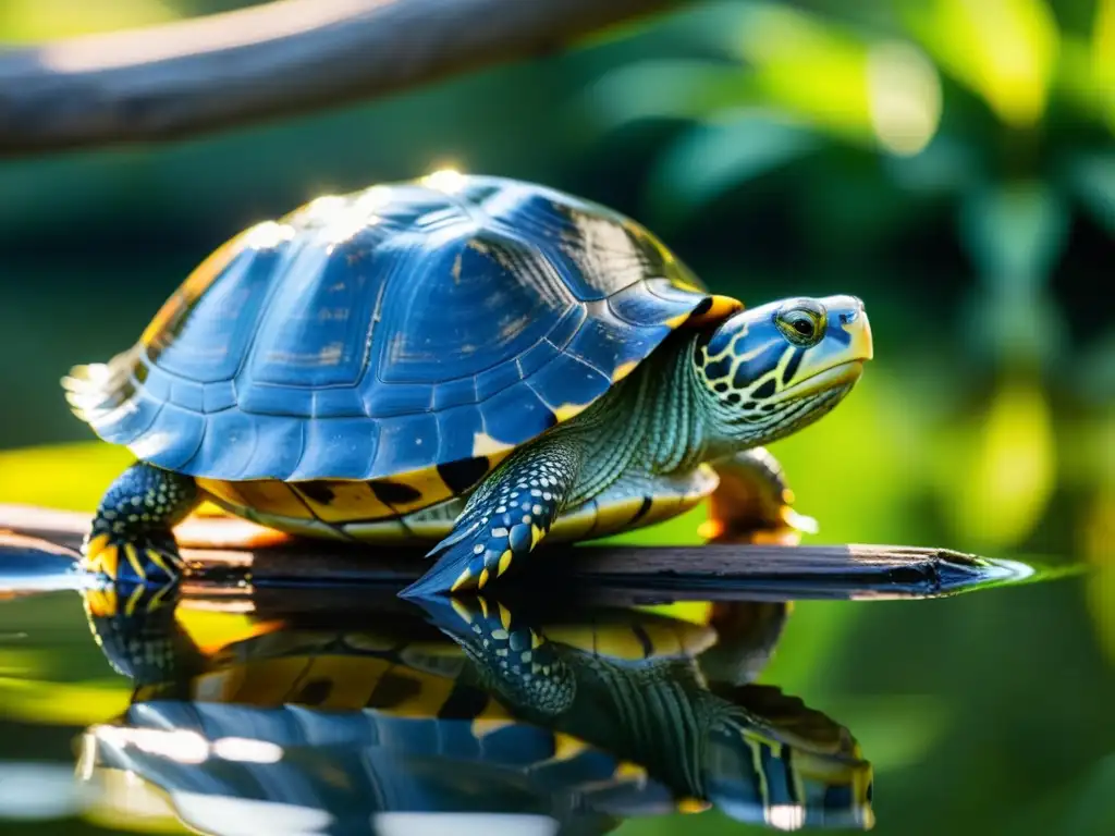 Diferencias entre tortugas acuáticas y terrestres: Una imagen 8k detallada de una tortuga de orejas rojas tomando el sol en un estanque sereno, con la luz solar filtrándose a través del agua y creando un patrón hipnotizante en el caparazón de la tortuga