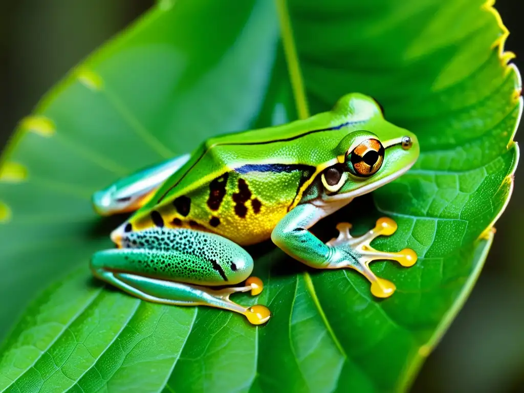 Dilema anfibios cambio climático: Detalle asombroso de una ranita verde en su hábitat natural, con piel translúcida y ojos dorados