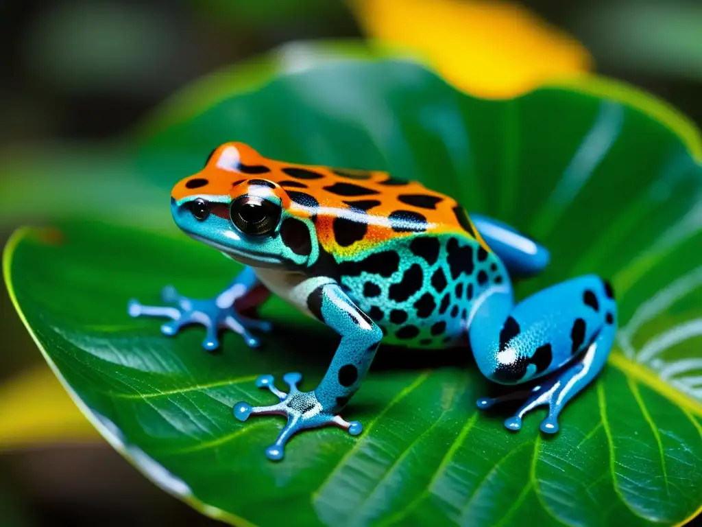 Dilema anfibios cambio climático: Detalle de una rana venenosa en la selva tropical, resaltando su fragilidad y belleza