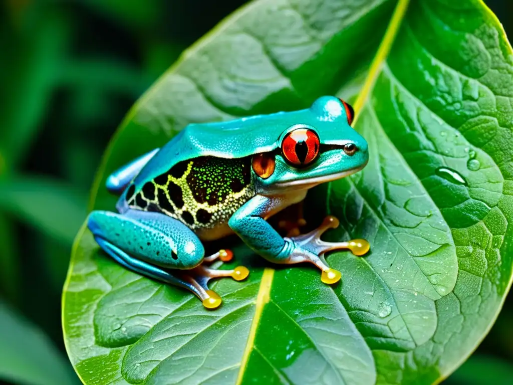 Un diminuto árbol rana de ojos rojos reposa sobre una hoja en la selva tropical, en preparación para su reintroducción en el bosque