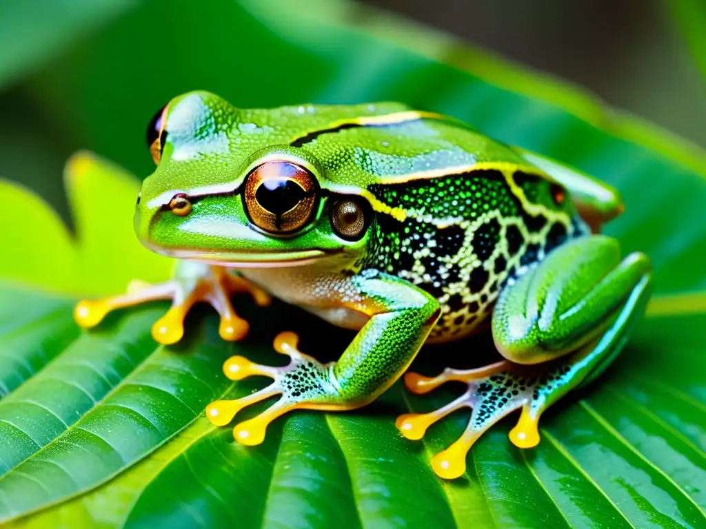 Un diminuto y vibrante árbol rana agarrándose a una hoja con sus dedos pegajosos, sus ojos dorados cerrados