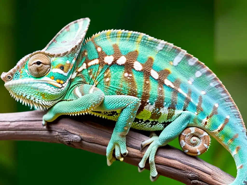 Dimorfismo sexual en reptiles: Detalle de dos camaleones, el macho con colores vibrantes y la hembra con tonos terrosos, en su hábitat natural