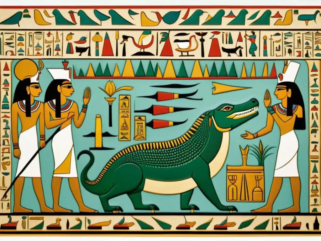 Dios Cocodrilo del Nilo: Ilustración detallada de un relieve egipcio antiguo, con el dios Sobek, adoradores y el río Nilo