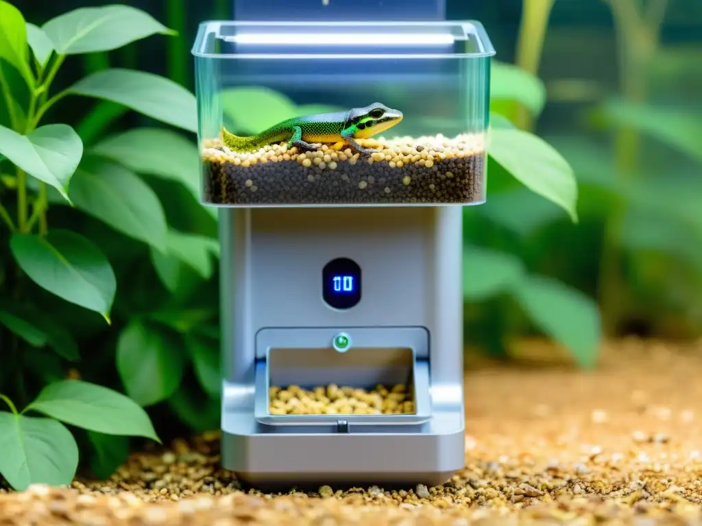 Un dispensador automático de alimento para reptiles de diseño moderno y elegante en un hábitat cálido y acogedor