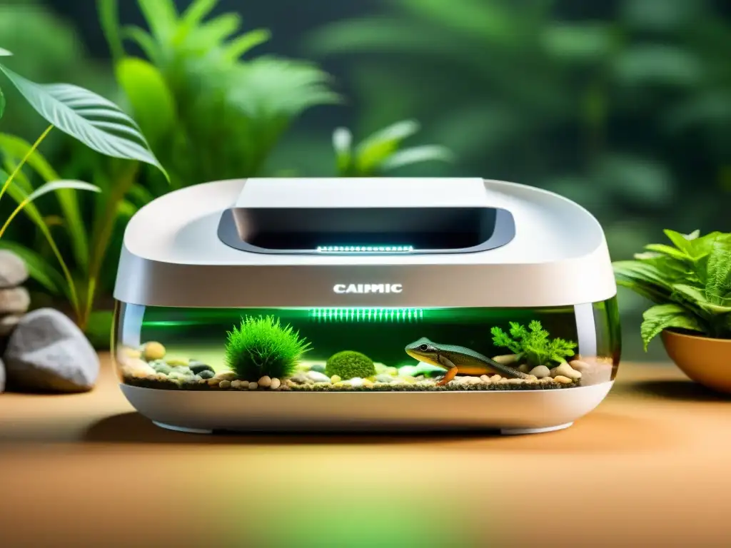 Dispensador automático de alimento para reptiles en hábitat natural con diseño moderno y reptil curioso