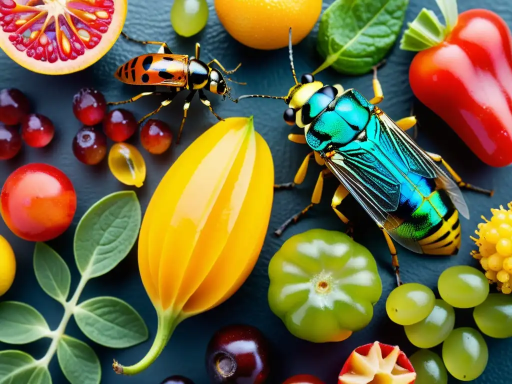 Exquisita dieta para lagartos: insectos, frutas y verduras vibrantes Una diversa y colorida selección de insectos, frutas y verduras en un entorno natural, ideal para lagartos