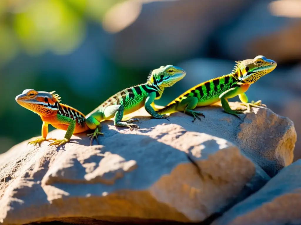 Una diversa comunidad de lagartos toma el sol en formación rocosa, mostrando la importancia de lagartos como indicadores ecológicos en su hábitat natural