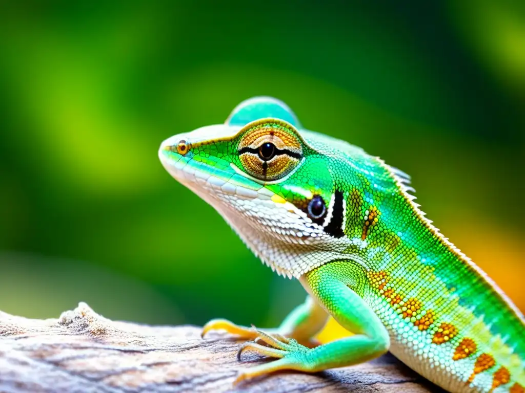 Diversidad y adaptaciones de lagartos: Detalle de las escamas de un anolis verde, revelando su belleza e ingeniería natural