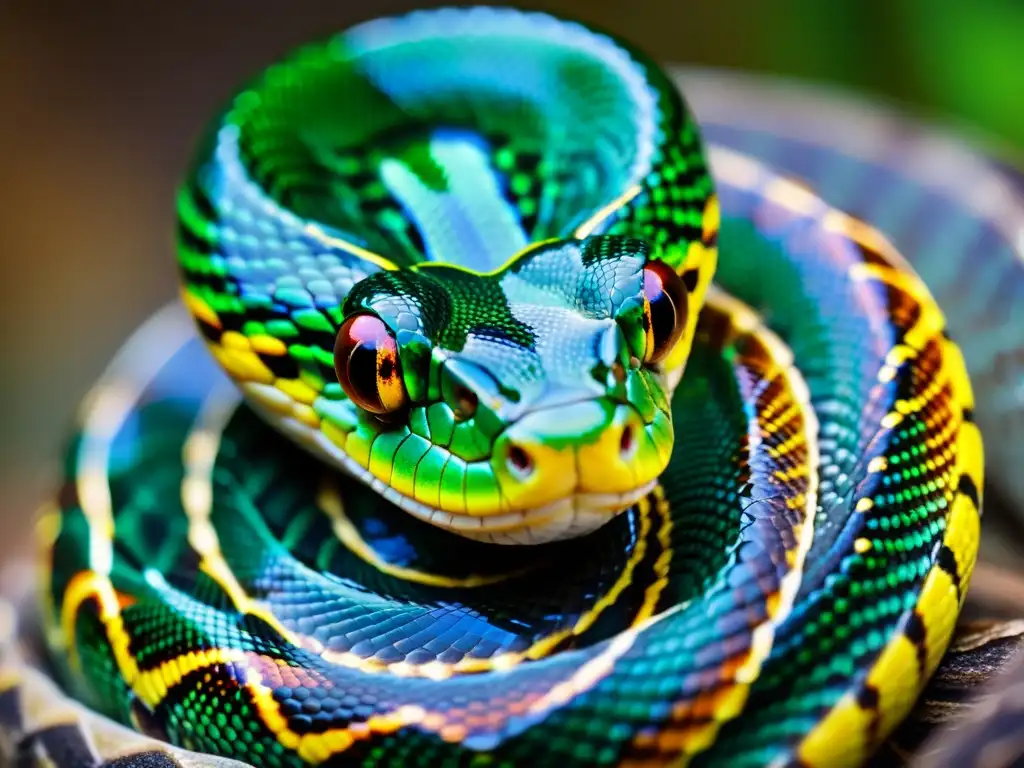 Diversidad genética serpientes ADN: Imagen detallada de una serpiente enroscada, revelando la belleza y diversidad de su piel iridiscente