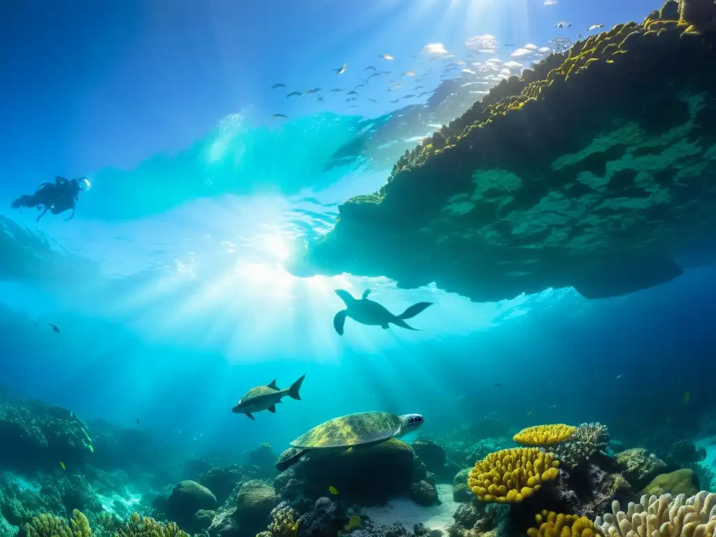 Diversidad de reptiles en arrecifes de coral: Imagen de un vibrante arrecife con tortugas, iguanas y serpientes marinas en aguas cristalinas, mostrando la relación entre los reptiles y su hábitat