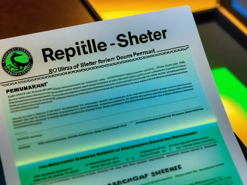 Un documento detallado de requisitos legales para refugio de reptiles, con elementos holográficos y marca de agua, en una oficina gubernamental