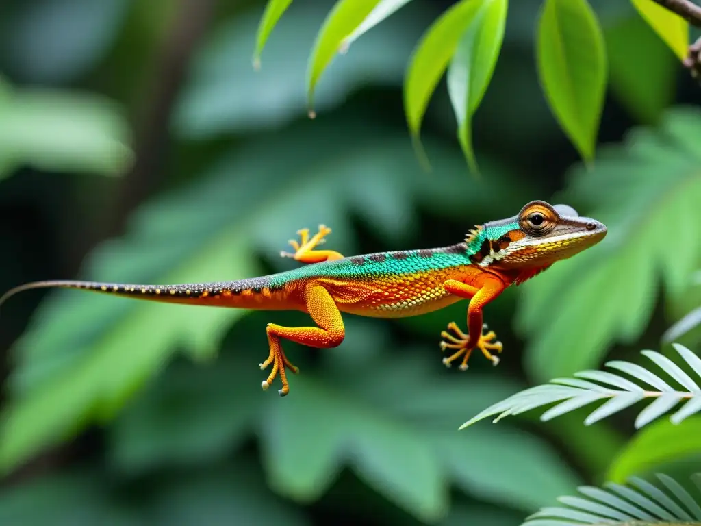 Un Draco planeando entre la exuberante vegetación tropical, mostrando sus asombrosas capacidades de planeo en reptiles