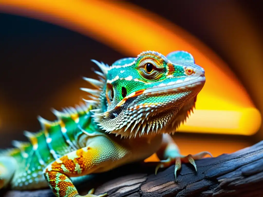 Un dragón barbudo relajado tomando el sol bajo una lámpara de calor, mostrando sus patrones de escamas vibrantes