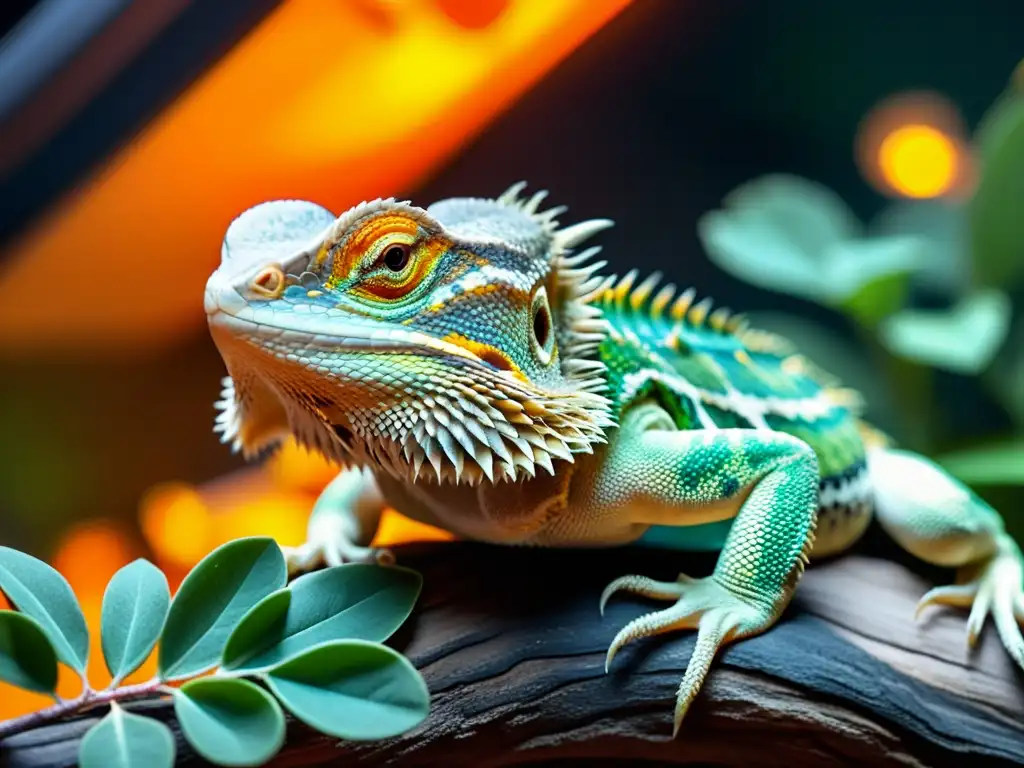 Un dragón barbudo disfrutando del calor bajo una lámpara, rodeado de alimentos ricos en calcio