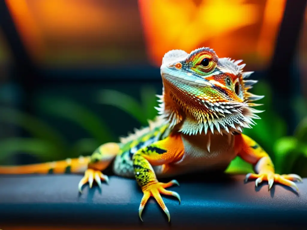 Un dragón barbudo disfruta del calor bajo una lámpara en su terrario