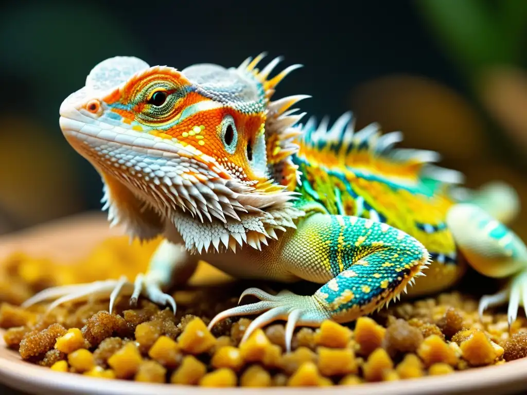 Un dragón barbudo disfrutando de una comida AI con nutrientes, reflejando la nutrición saludable para reptiles con IA