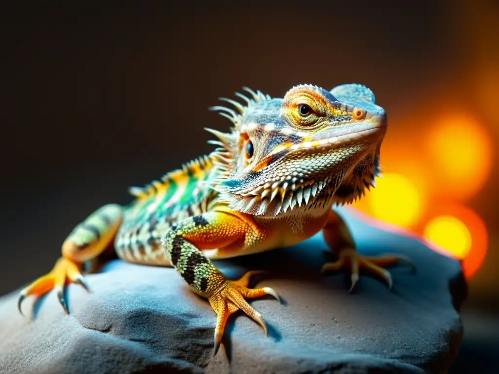 Un dragón barbudo deshidratado descansa bajo una lámpara de calor