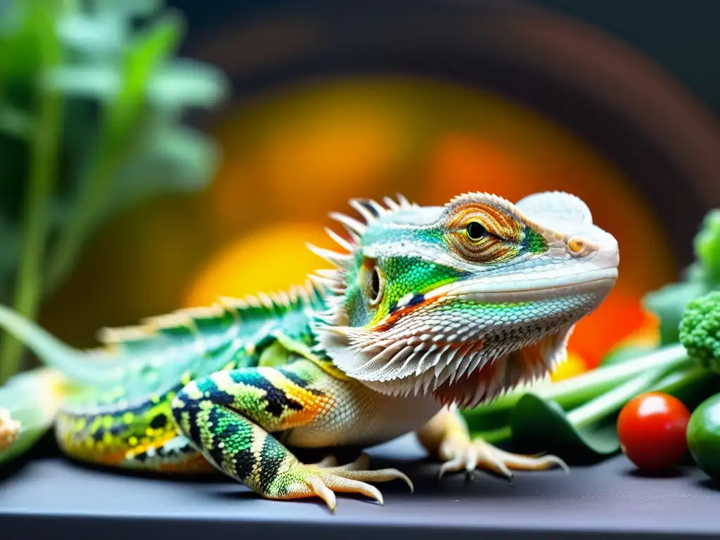 Un dragón barbudo disfruta de una dieta balanceada bajo una lámpara de calor