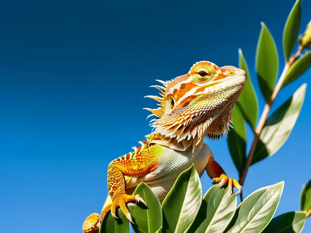 Un dragón barbudo en su hábitat natural, entre exuberante vegetación y cielo azul