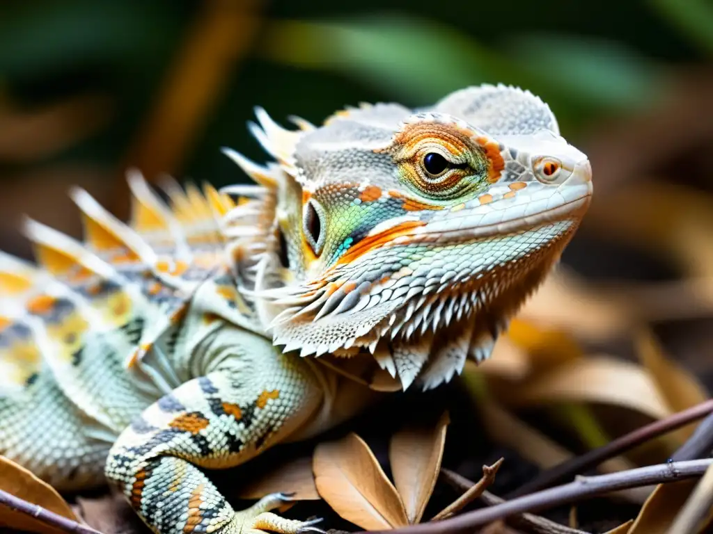 Un dragón barbudo descansando entre hojas secas y ramitas, con los ojos medio cerrados en brumación