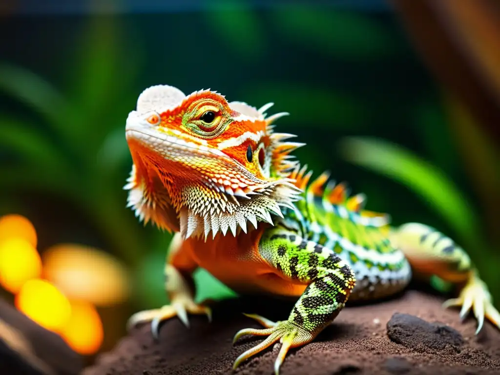 'Un dragón barbudo se relaja bajo una lámpara de calor en su terrario, mostrando la textura de sus escamas y la calidez de la luz