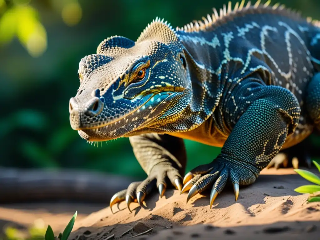 Un dragón de Komodo majestuoso, sus escamas rugosas brillan al sol mientras se desliza entre la maleza