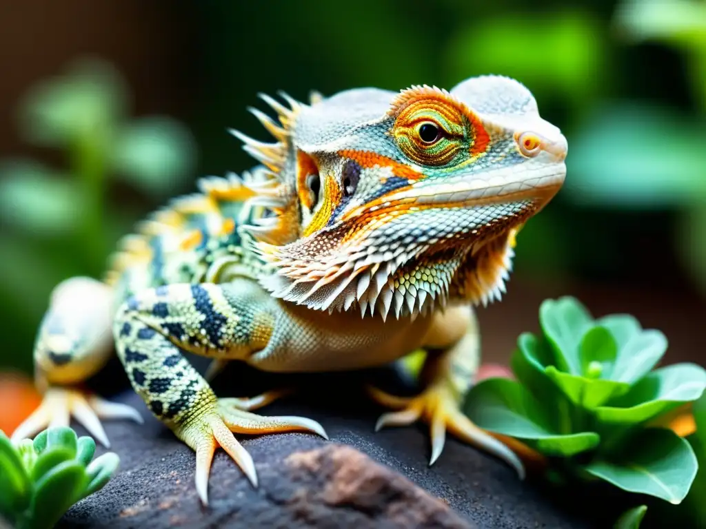 Un dragón barbudo plump posado en una roca bajo una lámpara de calor, con escamas y panza visible