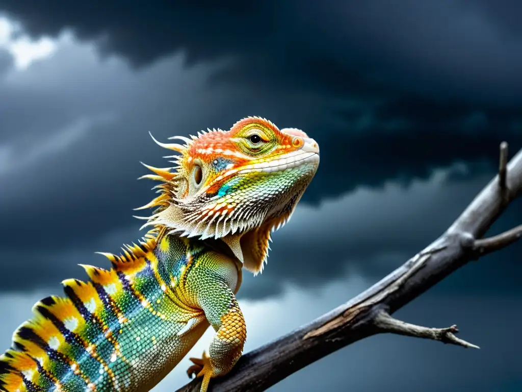 Un dragón barbudo aferrándose a una rama mientras sobrevive a una tormenta, mostrando la resilencia de los reptiles ante huracanes y tormentas