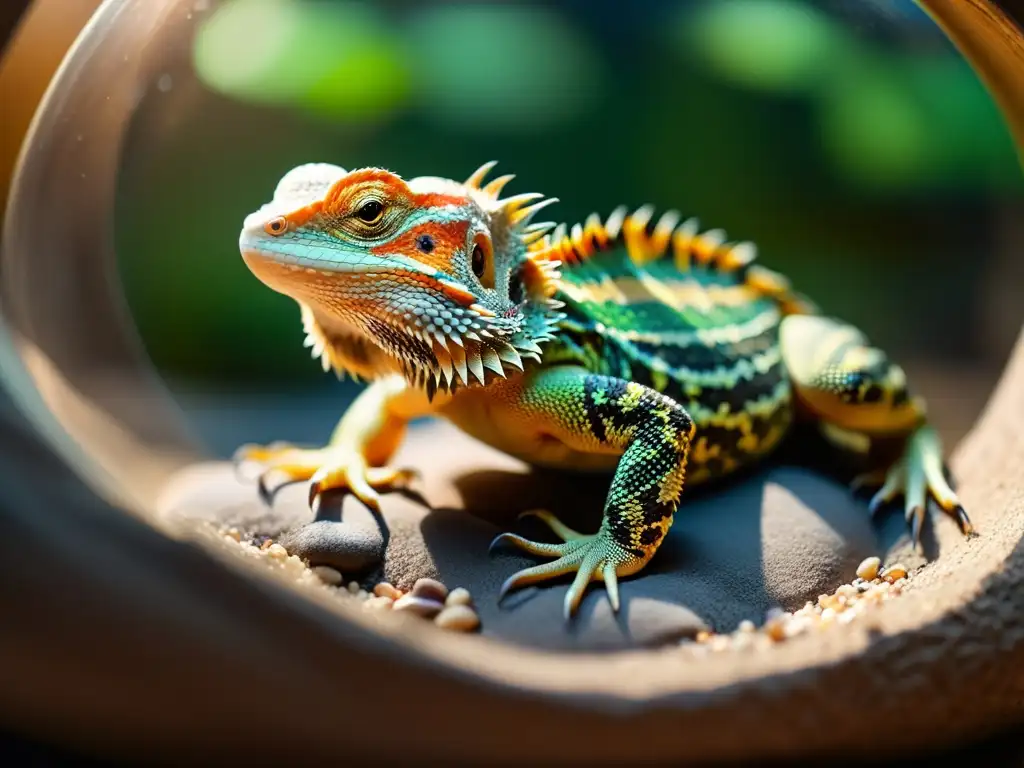 Un dragón barbudo subiendo una roca en su terrario, mostrando esfuerzo físico