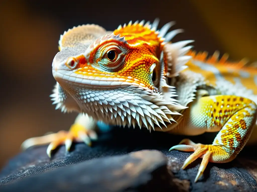 Un dragón barbudo descansando en una roca texturizada bajo una luz cálida