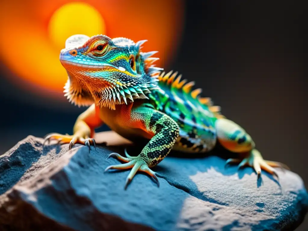 Bearded dragon mostrando signos de estrés térmico en su hábitat, bajo una lámpara de calor