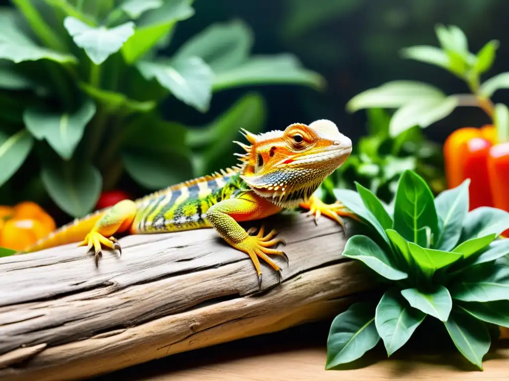 Un dragón barbudo disfruta del sol bajo una lámpara sobre un tronco, rodeado de vegetales