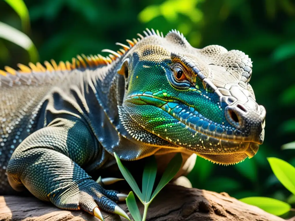 Un dragón de Komodo descansa en la sombra de un exuberante bosque tropical, exudando una sabiduría ancestral