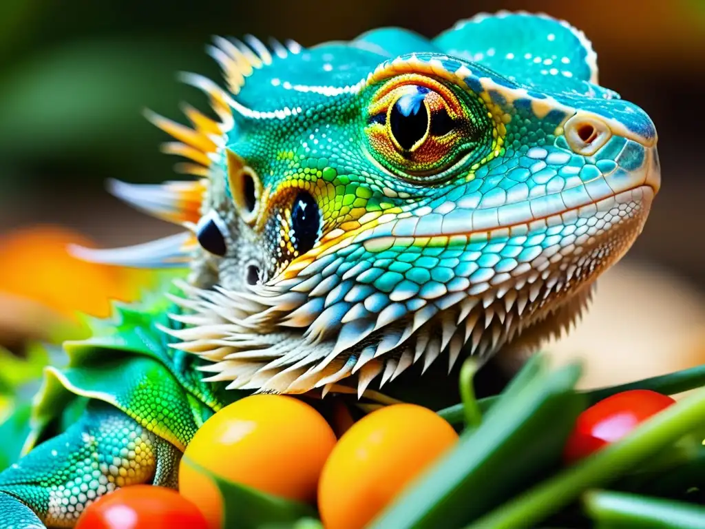 Un dragón barbudo disfruta de un variado festín de alimentos coloridos y vibrantes