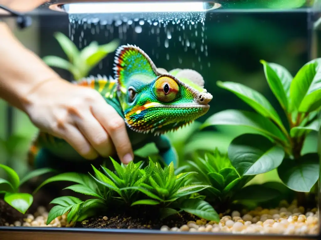 Un dueño novato de camaleones cuidadosamente rocía su exuberante terrario mientras su mascota bebe de una hoja