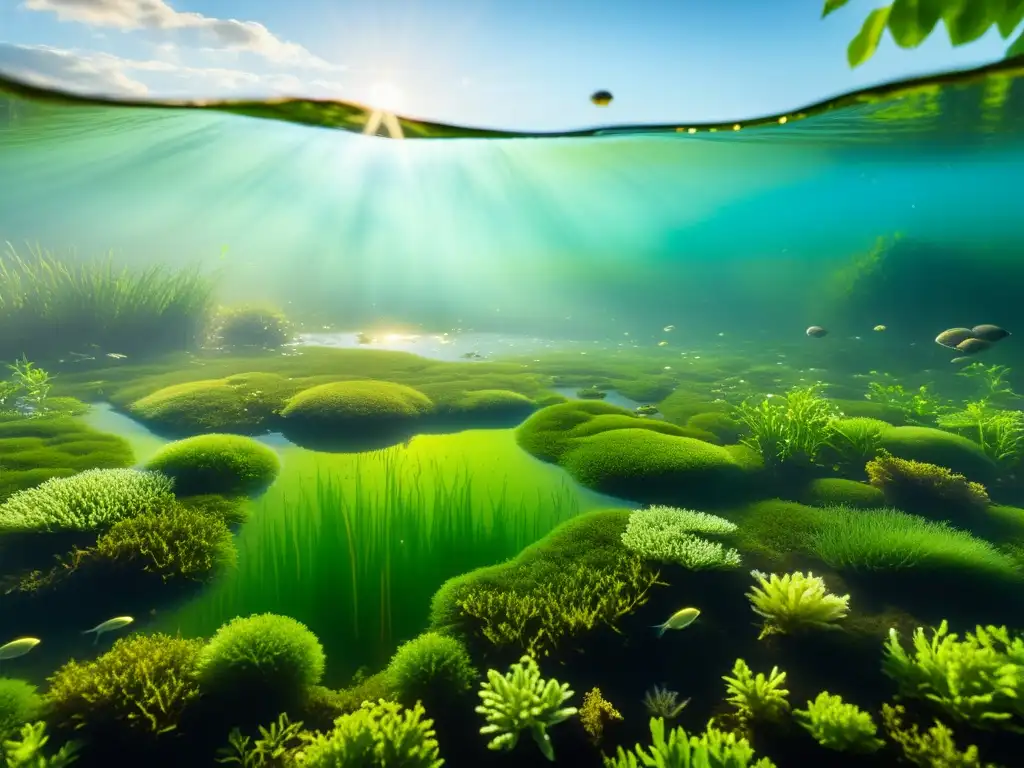 Un ecosistema de estanque de agua dulce lleno de vida, con renacuajos sanos entre plantas acuáticas