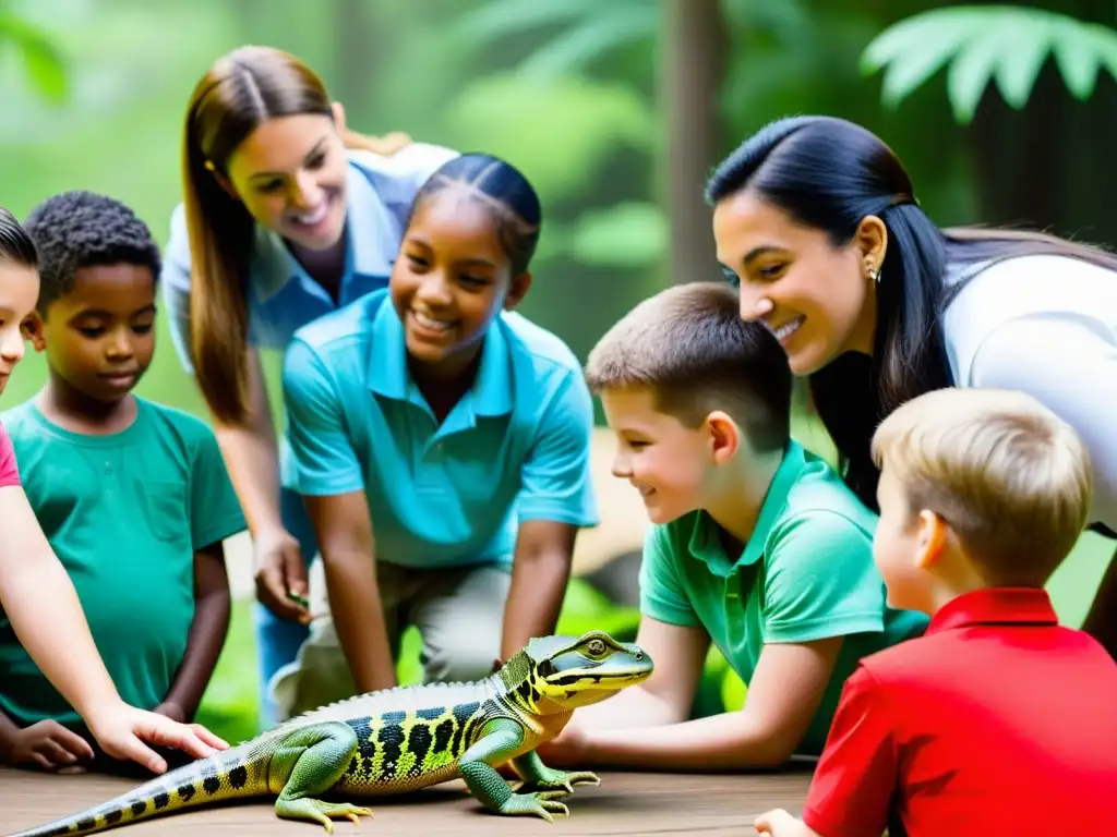Un educador experto enseña sobre conservación educativa de reptiles y anfibios a un grupo diverso al aire libre