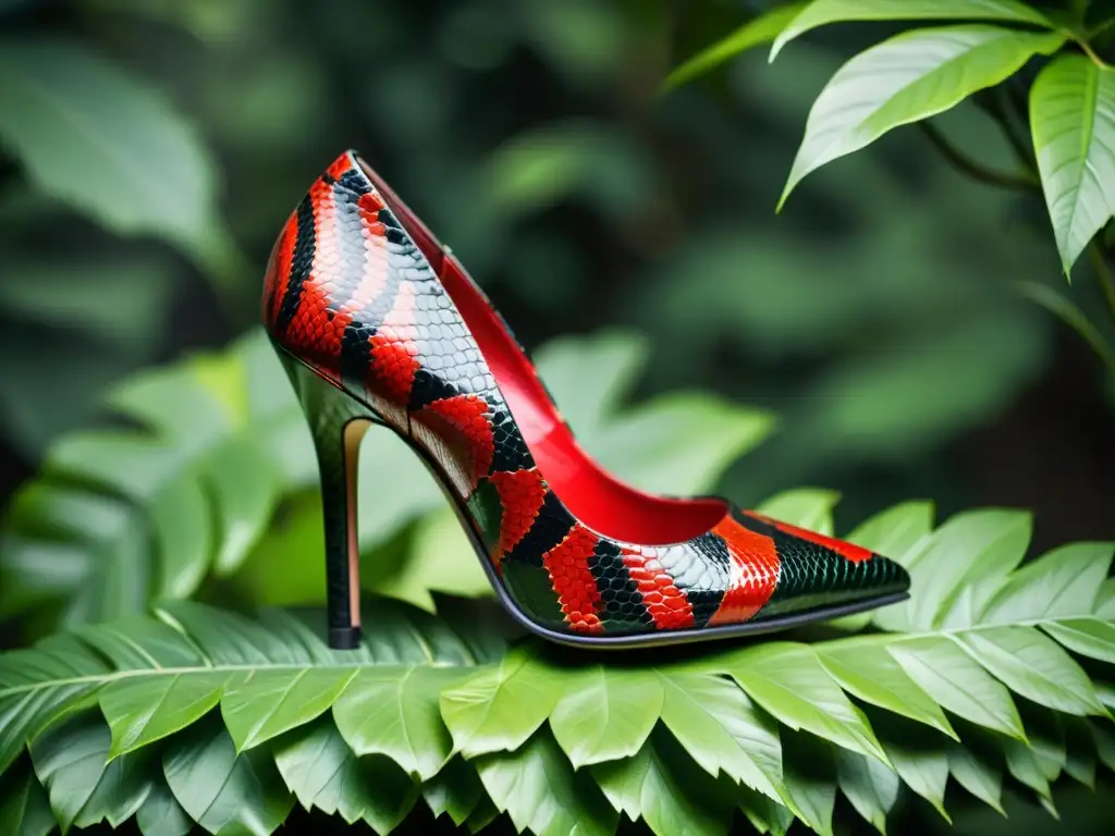 Un elegante zapato de tacón alto con estampado de piel de serpiente en rojo y negro, rodeado de exuberante follaje verde