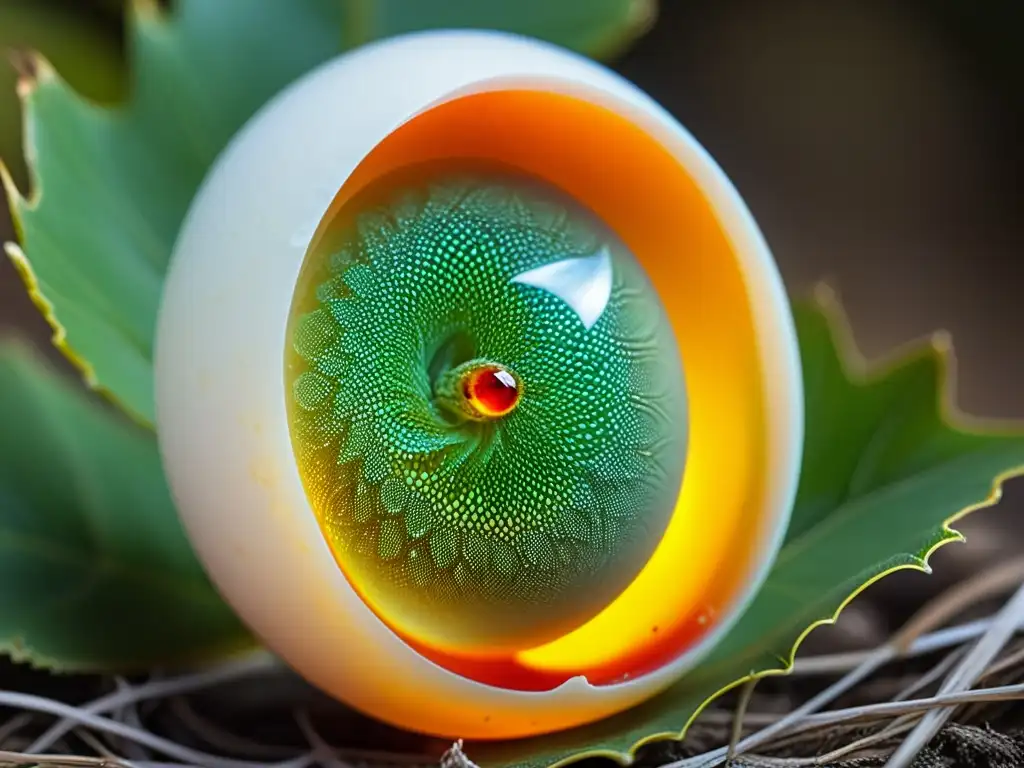 Un embrión de lagarto en su huevo translúcido, rodeado de hojas verdes con luz suave filtrándose