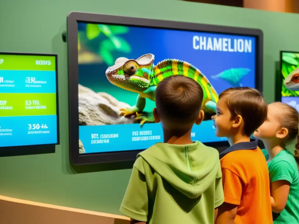 Un emocionante encuentro de niños en una exhibición de reptiles, interactuando con pantallas táctiles y aprendiendo sobre la vida silvestre