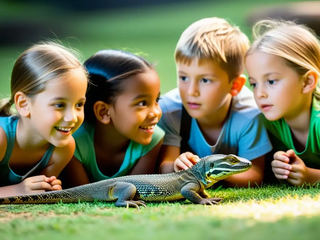 Un emocionante encuentro entre niños y un lagarto monitor en un entorno natural, destacando la convivencia segura entre lagartos y niños