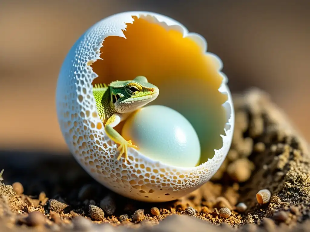 Emocionante momento de vida con el nacimiento de un lagarto, mostrando los detalles de su cáscara y su piel recién nacida