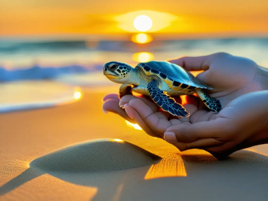 Un emocionante momento de conservación, donde un voluntario libera con cuidado una cría de tortuga marina al océano al atardecer