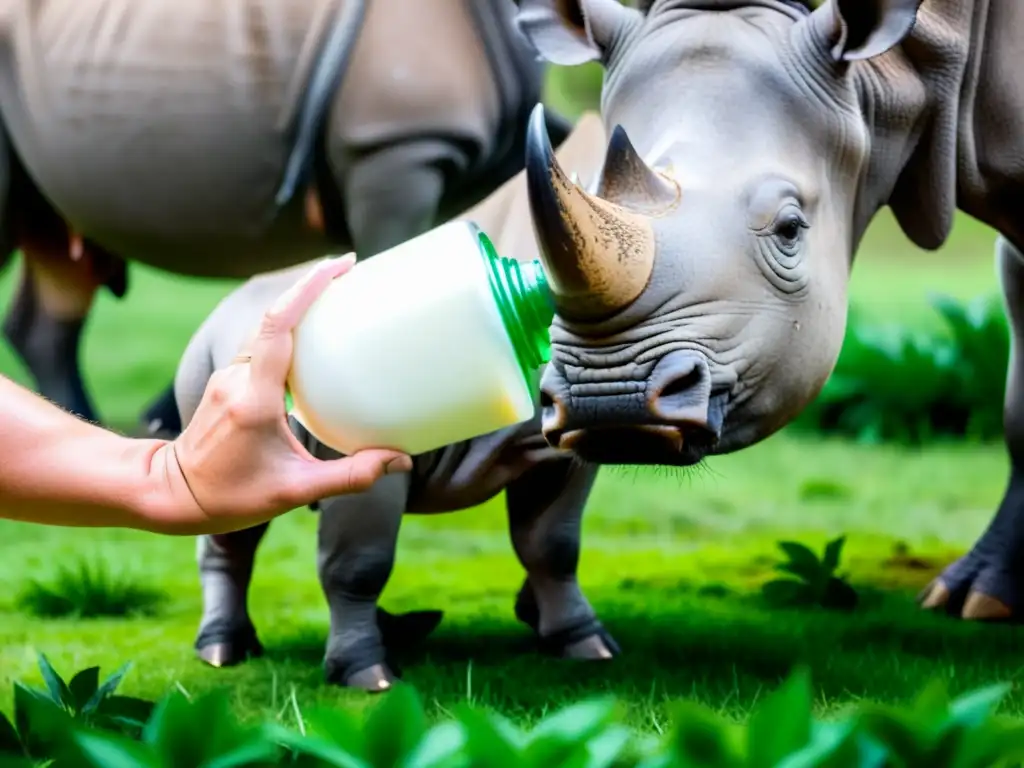 Emotiva crianza en cautiverio para conservación de un bebé rinoceronte alimentado a mano por conservacionistas en un entorno natural exuberante