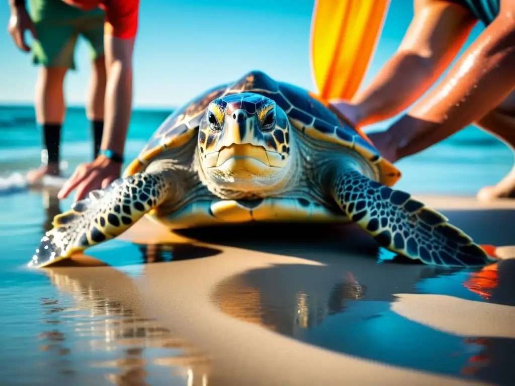 Una emotiva escena de tortuga marina devuelta al mar, rodeada de científicos y conservacionistas