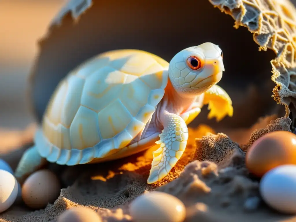 Tierno nacimiento de tortuga albina: maravilla natural Emotiva imagen de una tortuga albina recién nacida saliendo de su huevo, rodeada de cascarillas