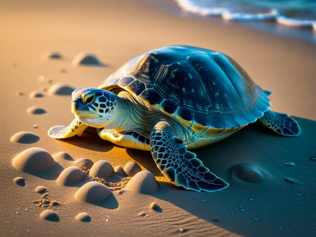 Emotiva imagen de conservación de tortugas marinas en playa, con la madre depositando sus huevos bajo la luz de la luna